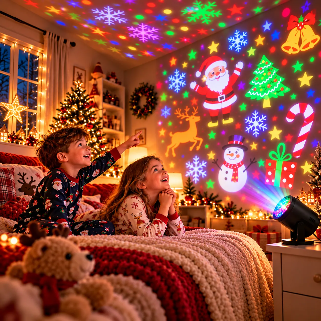 Quarto infantil com projeções natalinas