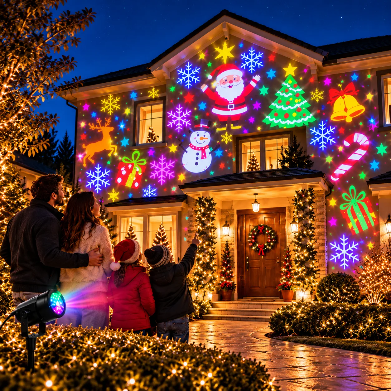 Fachada de casa iluminada para o Natal